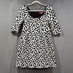 Betsy Johnson Black White Polka Dot 3/4 Sleeve Above Knee Dress Pockets Size 10